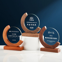 Trophée en verre cristal personnalisé avec base en bois pour récompenses d'employés, souvenirs d'entreprise, médailles, plaques
