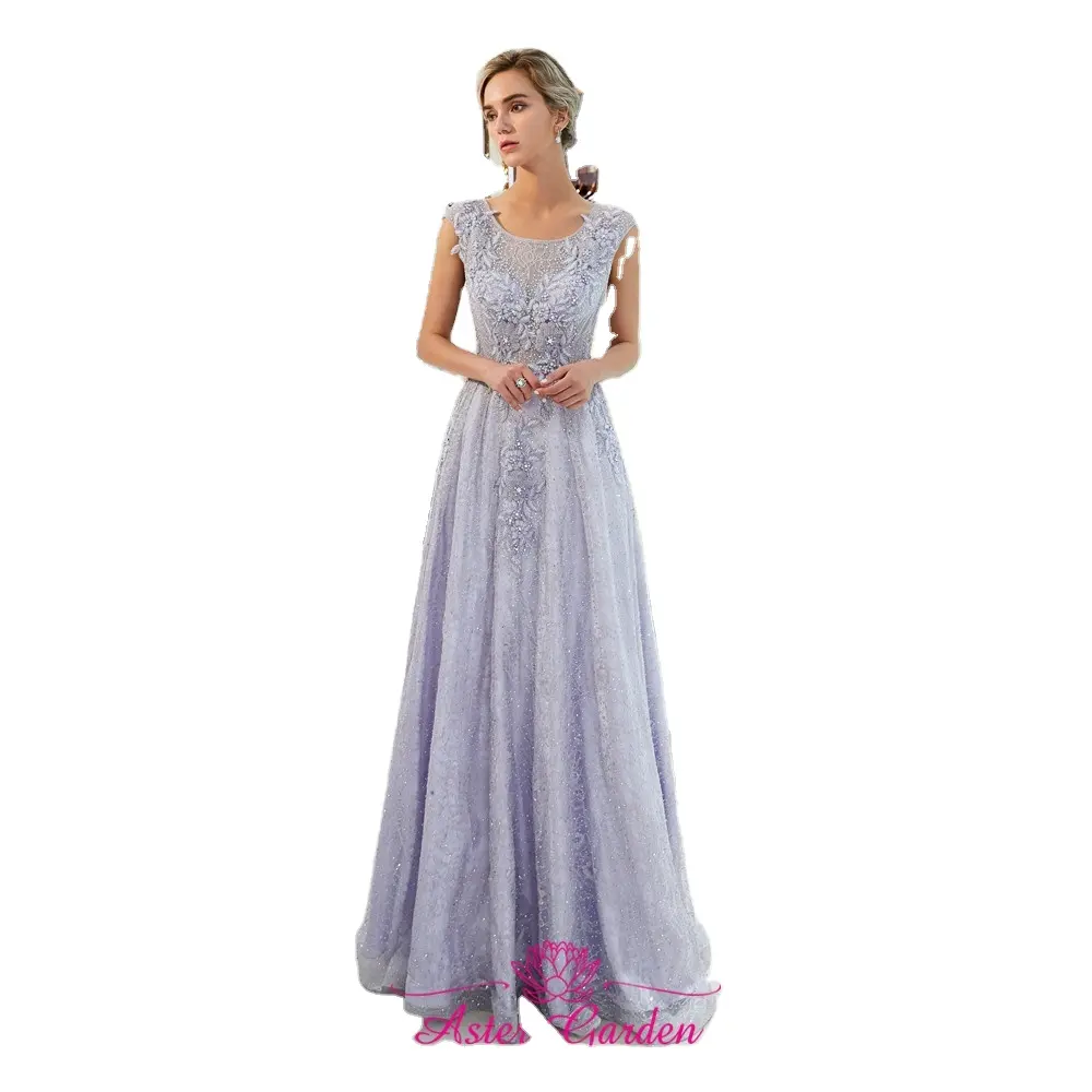 Neue Spitze Perlen Abendkleid Scoop Long Lilac Prom Kleider neue boden lange formelle Party kleider Vestido de Fiesta PE09