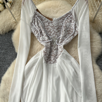 Robe décontractée élégante pour femme à manches longues, avec empiècements en dentelle et maille, ourlet sirène, ornée de perles, pour les fêtes et le quotidien