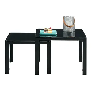 嵌套咖啡桌一套2方形现代堆叠桌，带钢化玻璃饰面，用于客厅黑色玻璃顶架