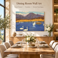 Peinture à l'huile décorative sur toile : Lac des cygnes, automne, arbres dorés, montagnes violettes, art mural