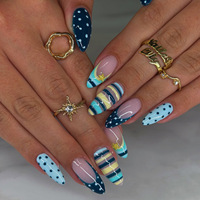 30 faux ongles à presser, forme amande, motif pois bleus, rayures, étoiles, French manucure, avec lime à ongles, vente en gros, dropshipping