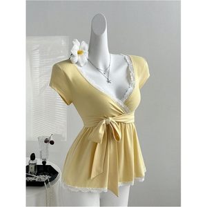 Women's Y2K Lace Peplum Top <b>Bow</b> Tie Front Wrap V Neck Short Sleeve Satin Blouse Everyday Wear - Product Image 4