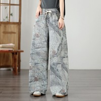 2026 En gros Pantalon en jean à jambe large pour femme, taille haute élastique avec cordon de serrage, imprimé floral Woodland, vert sauge discret, grande taille