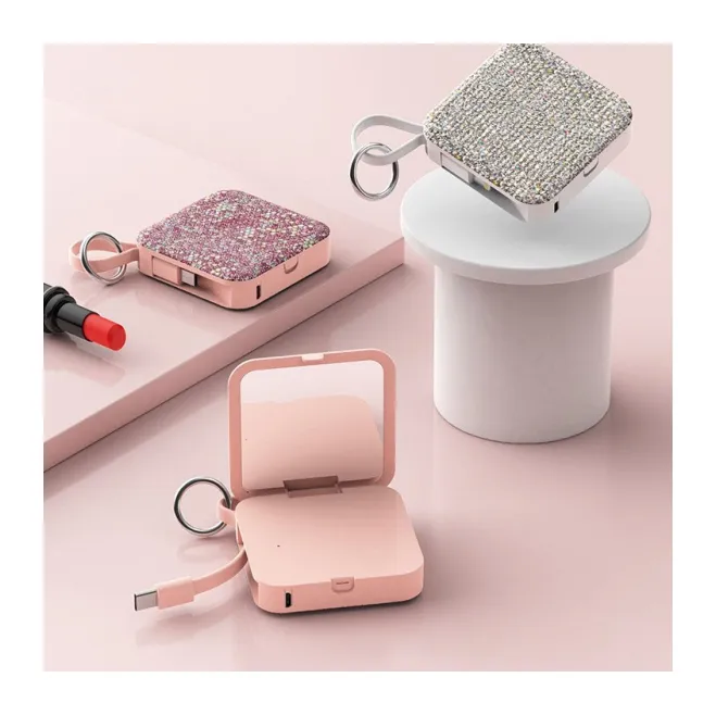 Neue Kreativität halter Mini Power Bank mit Diamond Design, Kosmetik spiegel 5000mah Handy Power bank mit Kabel