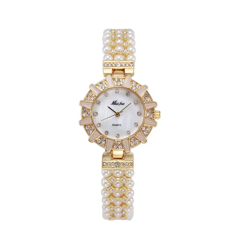 Fashion Elegant Pearl Diamond Women Watch Miss Fox 18 Gold Quartz Ladies Luxury Bling Hip Hop Iced Out Watches