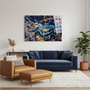 Lienzo Impreso: Elegante Obra de Arte Abstracta en Azul y Dorado, ARTE EN VIDRIO TEMPLADO - Product Image 3