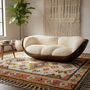 Divano da Terra Curvo in Legno di Lusso, <span class=keywords><strong>Design</strong></span> <span class=keywords><strong>Moderno</strong></span> per <span class=keywords><strong>Soggiorno</strong></span> con Comoda Rivestitura in Tessuto e Base in Legno Resistente - Product Image 2
