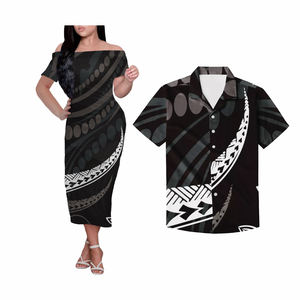 1 MOQ Polinesia Tribal su y ella ropa Casual de las mujeres Vestido de manga corta y camisa de los hombres las parejas traje de los amantes de la ropa - Product Image 2