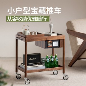 Walnut Wood Movable Double Layer Coffee <b>Table</b> Storage Cart Living Room <b>Side</b> <b>Table</b> With Wheels - Product Image 3