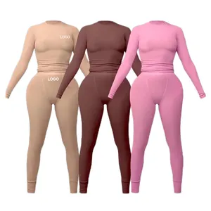 Custom Logo Longsleeve Bodysuit Legging 2 Pieces Lounge Wear Brown Set Cotton Spandex Women 2 Piece Set