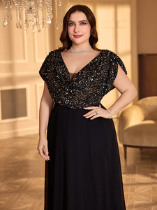 Abito <span class=keywords><strong>da</strong></span> <span class=keywords><strong>Sera</strong></span> Lungo in Chiffon Nero con Scollo a V, Maniche a Pipistrello e Paillettes per <span class=keywords><strong>Taglie</strong></span> Forti, Ideale per Cene, Matrimoni e Feste - Product Image 6