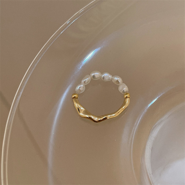 Fashion 18K Gold Geometric Jewelry Adjustable Elastic Rope Pearl Ring for Women