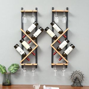 Porte-bouteilles de vin mural en bois personnalisé, support de bouteilles de vin suspendu, étagères de présentation de vin, porte-verres à pied inversé, bars - Product Image 1