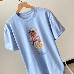 T-shirts à <span class=keywords><strong>manches</strong></span> <span class=keywords><strong>courtes</strong></span> pour femmes, nouveau style d'été, tissu en coton pur avec imprimé ours et broderie rayée - Product Image 4