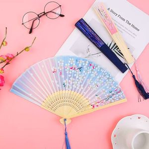 Chinese Style Folding Fan Floral Pattern Silk Handheld Portable Women's Dance Accessory - Product Image 1