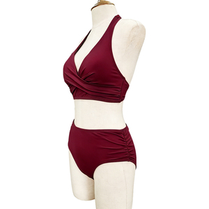Bikini Halter Color Borgoña con Escote Cruzado y Cintura Alta Fruncida <span class=keywords><strong>para</strong></span> un Look Sofisticado en Resorts, Top Halter con Lazos en la Espalda, Comodidad <span class=keywords><strong>para</strong></span> Curvas - Product Image 5