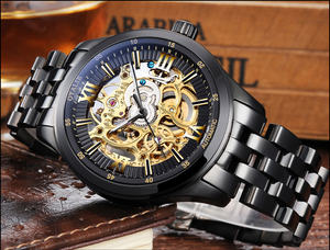 Montre squelette mécanique de luxe en or, résistante à l'eau, avec bracelet en acier inoxydable et cadran en verre - Product Image 3