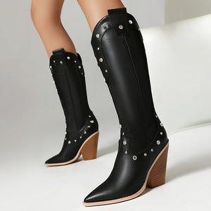 Big Size 48 Western Winter Cow Boy Women's Knee-High Wedge Chunky Heels Boots Pointed Toe Metal Stud <b>Shoes</b> - Product Image 3