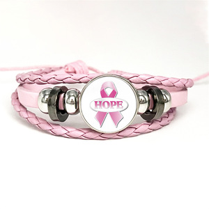 สร้อยข้อมือเชือกหนังสำหรับผู้หญิงประดับอัญมณีสำหรับผู้หญิงลายริบบิ้นสีชมพูดูแลมะเร็งเต้านม - Product Image 4