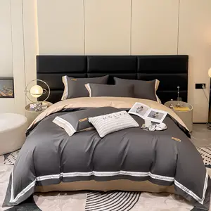 Wholesale pure cotton gray comforter duvet cover solid color bedsheets 4 piece bedding set