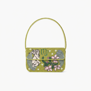 Bolso de hombro de cristal verde lima con cuentas, bordado de ángel del zodiaco Virgo, bolso de mano con solapa, cartera de fiesta para mujer, bolso de mano hecho a mano con cuentas - Product Image 1