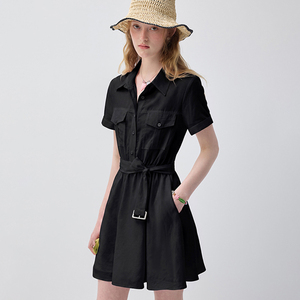 VEGA CHANG <span class=keywords><strong>Abito</strong></span> Camicia Nero Stile Utility per Donne con Colletto, Bottoni, Maniche Corte, Cintura in Vita e Silhouette a Linea A - Product Image 1