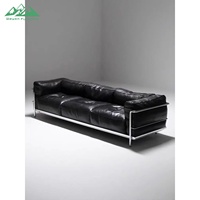 Juego de Sofás de Cuero Negro Moderno Wayon, Relleno de Espuma, con Estructura de Metal Plateado, 4 Plazas, para Sala de Estar, de Lujo