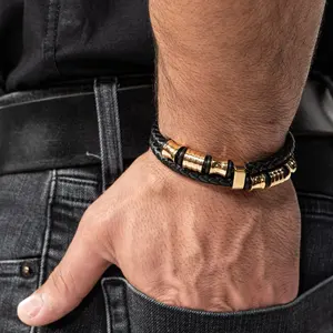 Fashion Double Braided Bracelets Accessories Black Gold Leather Bracelet Stainless Steel For Men