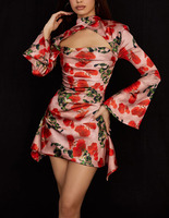 Robe de soirée mini pour femme, en mousseline de polyester, à manches longues évasées, col carré, motif floral personnalisé, style designer
