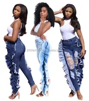 Женские рваные джинсы с высокой талией J & H, модные облегающие брюки с оборками, повседневная одежда большого размера, 2022