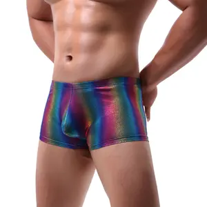 性感男士闪亮彩虹聚氯乙烯皮革同性恋男士柔软内衣平角短裤