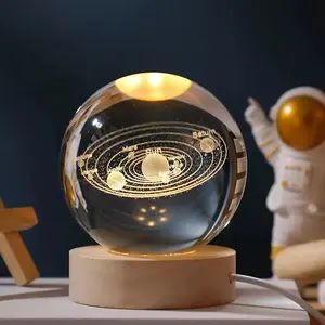 Wholesale Hot Selling Glass Solar System Planet Sphere 3D Laser Engraved Galaxy Crystal Ball With Wood Round LED Light Base