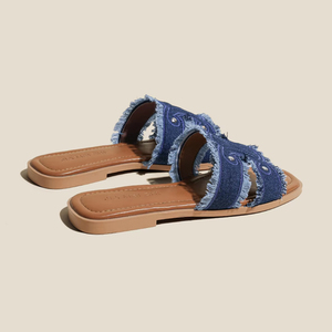 Sandales plates à bride unique en cuir véritable et denim pour femme, style mules françaises, pour l'été et l'extérieur - Product Image 3