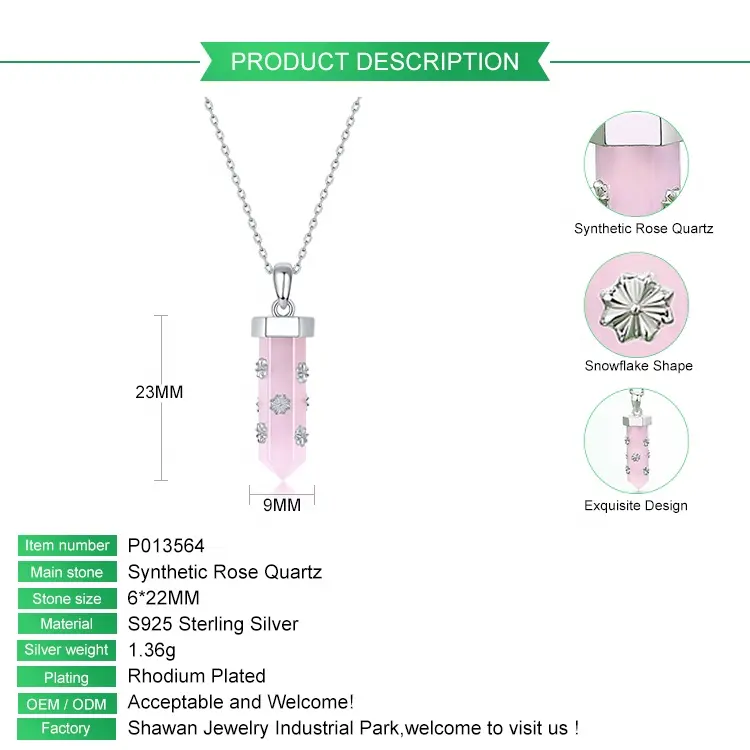 Şifa noktası kolye toptan sentetik gül kuvars altıgen kolye hediye için 925 gümüş tek taş kristal mermi kolye