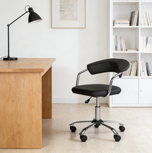 <span class=keywords><strong>Chaise</strong></span> de bureau pivotante réglable avec revêtement en similicuir noir et base chromée, tabouret roulant pour salon, laboratoire de manucure, clinique et atelier - Product Image 6