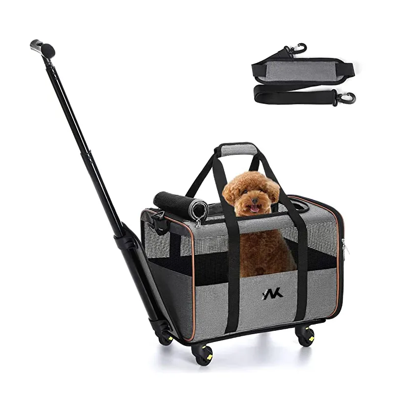 Factory Price Airline Approved Rolling Pet Carrier Bag With Wheels Telescopic Handle And Shoulder Strap