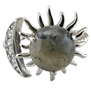 Wholesale Adjustable Silver Labradorite Stone Rings for Women Girls Lucky 10MM Gemstone Cabochon CZ Rhinestone Ring