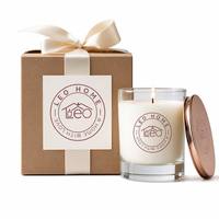 Luxuriöse Minimalistische Klare Dickglas-Duftkerze aus Sojawachs mit Poliertem Roségold-Verschlussdeckel, Vorgepackt in Beiger Quadratischer Geschenkbox mit Satinband