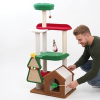 Pohon Natal Kucing Lucu dengan Tiang Garuk Sisal 4 Tingkat, Tempat Tidur Kucing, dan Mainan, Dikemas dalam Karton untuk Kucing Indoor