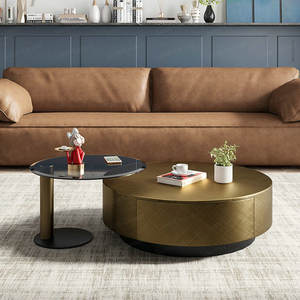 Mesa de centro redonda de granja moderna italiana, Metal dorado para almacenamiento de materiales de madera de sala de estar, muebles para el hogar, Material de vidrio - Product Image 1