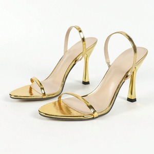 Sandalias de tacón de aguja con punta en pico y tira al tobillo de color liso para mujer - Estilo dorado deslumbrante - Product Image 3