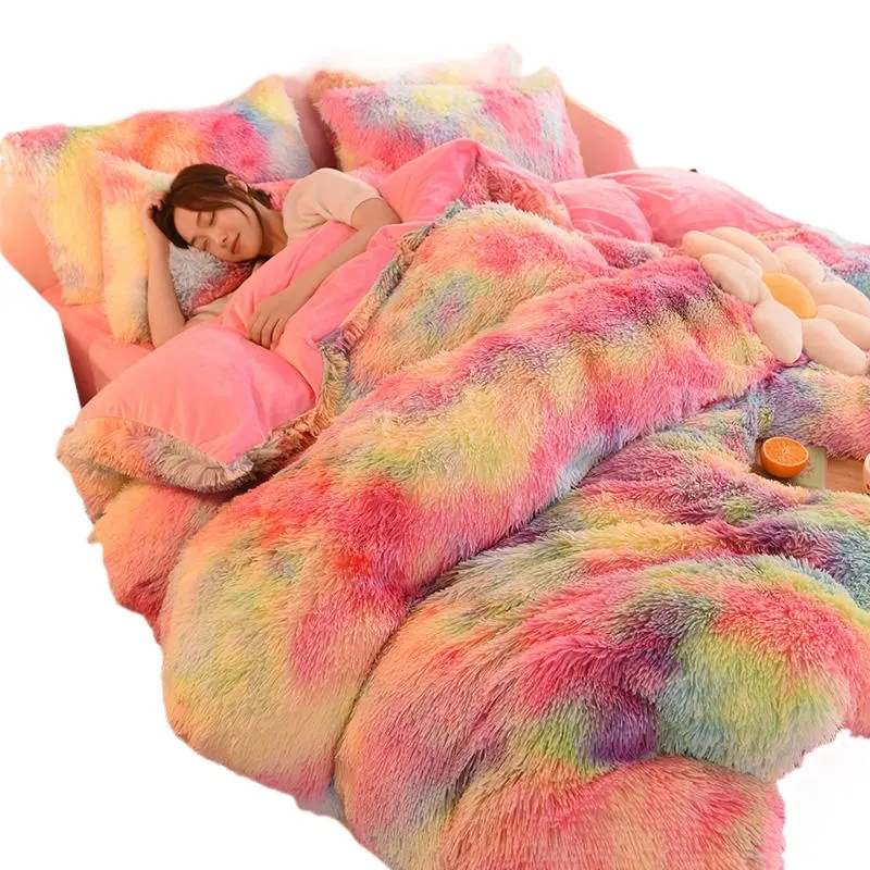 สายรุ้งสีFauxขนกํามะหยี่Fluffy Plushนุ่มผ้าปูที่นอนเตียงWarmฤดูหนาวสําหรับสาวชุดแผ่น 4 ชิ้นผ้านวมชุด