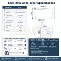 WC intelligent sans réservoir avec bidet intégré, siège en céramique monobloc, chasse d'eau automatique, siège chauffant, eau chaude, séchage, température réglable, télécommande