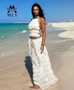 Femmes en mousseline de soie Flowy Tulle à volants Maxi Halter sans manches Crop Top deux pièces maillot de bain Cover Ups - Product Image 5