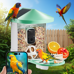 Mangeoire à oiseaux intelligente à énergie solaire avec caméra 1080p, fixation murale, verte, 2 panneaux latéraux de toit, 1 panneau externe de 3W - Product Image 2