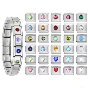 Pulsera de dijes italianos de moda con esmalte de cristal en forma de corazón redondo multicolor, eslabones de acero inoxidable de 9 mm con piedra de nacimiento, joyería modular DIY - Product Image 1