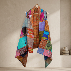 Vintage Silk/Cotton Patch Kantha Knitted Eco-Friendly Breathable <b>Loose</b> Fit Raglan Sleeve Unisex Outwear Shrug <b>Dress</b> - Product Image 2
