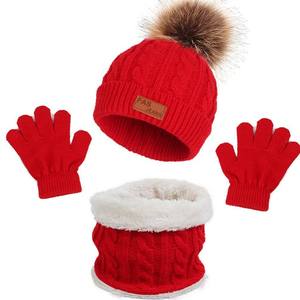 Ensemble bonnet, cache-cou et gants en laine tricotée doublée polaire pour bébés et jeunes enfants, avec pompon, pour filles et garçons - Product Image 1