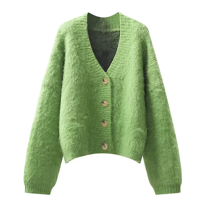Private Label Women Winter Green Cardigan Mohair 2021 Sweaters Hand Knit Letter Sweater Threaded Mohair Sweater Women